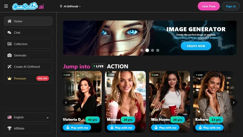 CamSoda AI official public dashboard with adult AI characters and generation tools