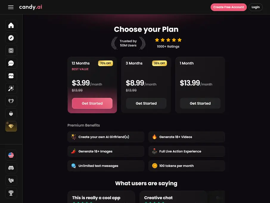 Candy AI public subscription page showing the three USD offers and Premium benefits